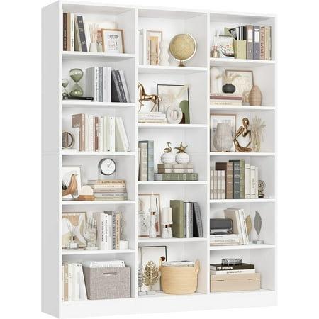 Triple Wide Bookshelf, 6 Tier Large Bookshelf, Bookcase with 17 Open Display Shelves, 74'' Tall Bookcases and Bookshelves for Living Room, Home Office, Library, White
