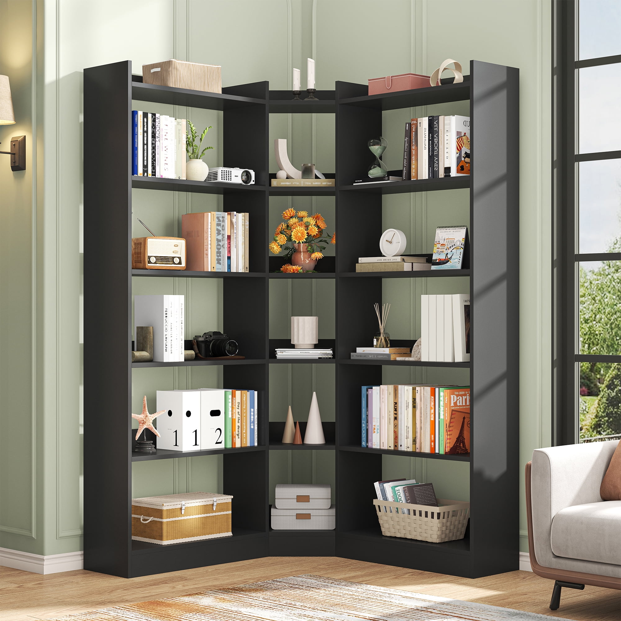 Triple Wide Corner Bookcase with 15 Cube, 6-Tire Bookshelf Display Storage Cabinet, Modern L-Shape Shelf Living Room Furniture for Home Office, Black