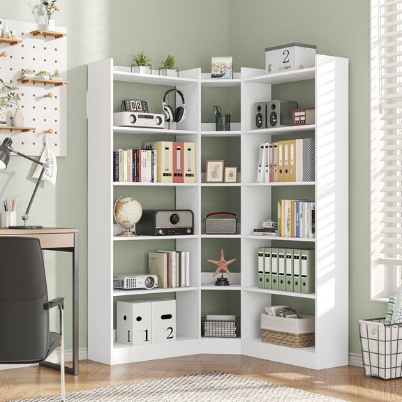 Triple Wide Corner Bookcase with 15 Cube, 6-Tire Bookshelf Display Storage Cabinet, Modern L-Shape Shelf Living Room Furniture for Home Office, White