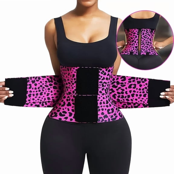 Triple Wrap High Compression Waist Trainer Belt - Pink Leopard Print Tummy Control Body Shaper with Back Support, Posture & Cincher for Gym, Workout, Adjustable Pull-On Closure (Hand Washable)