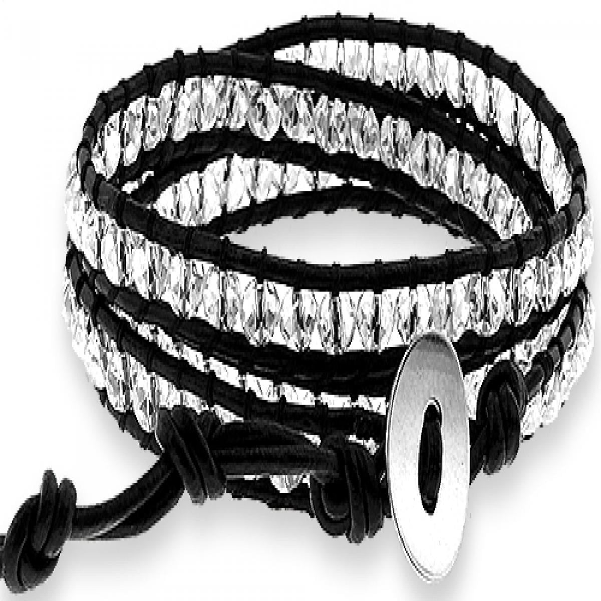 Triple Wrap With White Color Crystal Beads, Leather Cord And Stainless