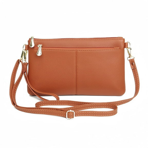 Triple Zip Lightweight Small Crossbody Bag Vegan Leather Wristlet Clutch with Adjustable Shoulder Strap