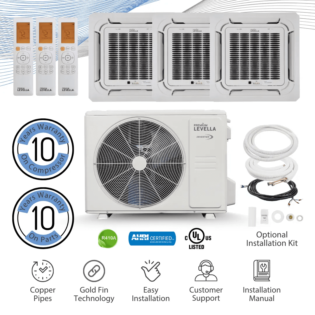Triple Zone Ceiling Cassette 23.5 SEER2 Ductless Mini Split Air Conditioner Wifi Heat Pump 220V