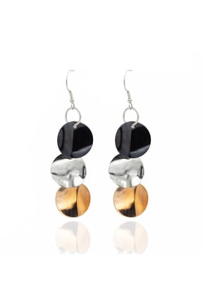 Tri-Color Disc Dangle Earrings - Long Drop Statement Earrings, Waterproof Stainless Steel Jewelry Gold Silver