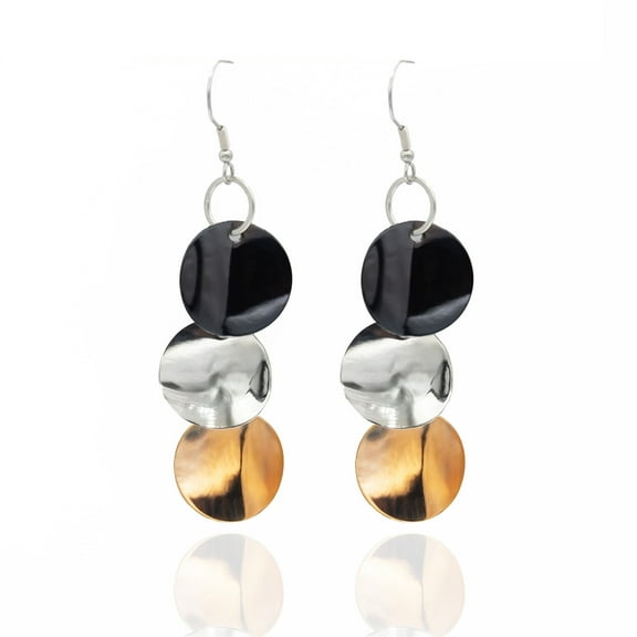 Tri-Color Disc Dangle Earrings - Long Drop Statement Earrings, Waterproof Stainless Steel Jewelry Gold Silver