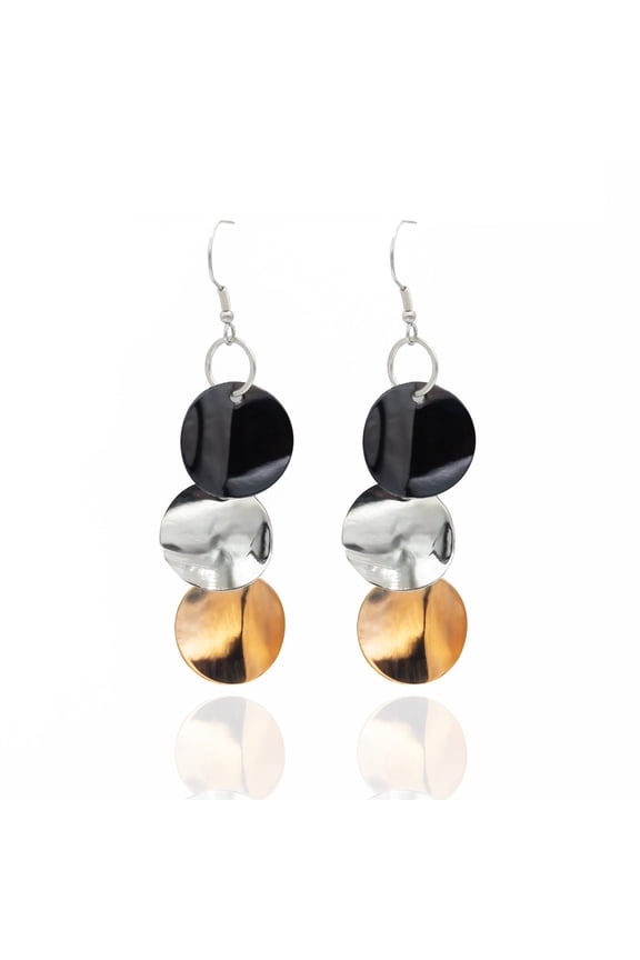 Tri-Color Disc Dangle Earrings - Long Drop Statement Earrings, Waterproof Stainless Steel Jewelry Gold Silver