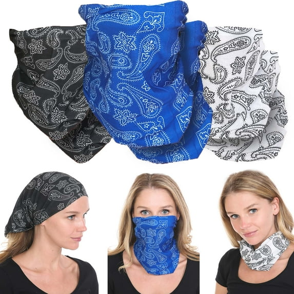 Triple9 Unisex Bandana Outdoor Tube Face Mask Neck Gaiter UV Protection Balaclava (6pk Blue, Black, White)