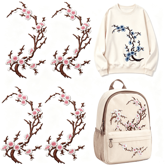 TripleHBB 4Pcs Cherry Blossom Patches Iron on,Embroidery Flower Iron on Patches,Appliques DIY Trim for Jeans Garment Jacket Backpack Decoration Cherry Blossom Patch Flower on