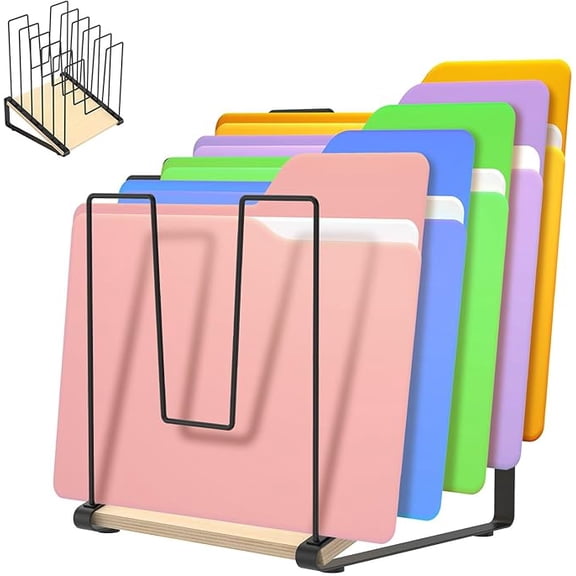 TripleHBB 5-Tier Inclined Desk File Organizer,5-Section Vertical File Folder Holder Stand,Metal File Sorter Rack with Wooden Base,for Office,Home Office Desk Organization