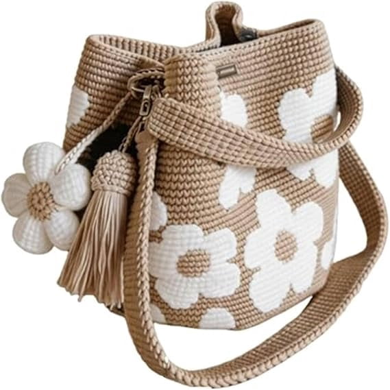 TripleHBB  Handmade Crochet Flower Tote with Flower Charm,Crochet Bucket Bag ,Knit Floral Purse Bag,Boho Beach Handbags Crossbody Shoulder Bag for Women Vacation