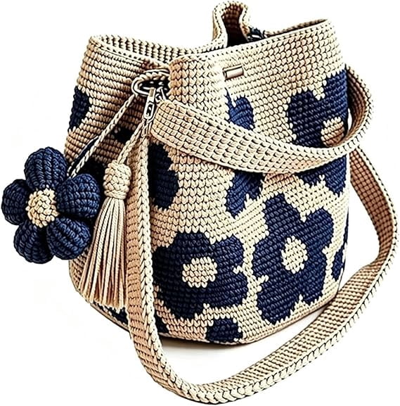 TripleHBB  Handmade Crochet Flower Tote with Flower Charm,Crochet Bucket Bag ,Knit Floral Purse Bag,Boho Beach Handbags Crossbody Shoulder Bag for Women Vacation