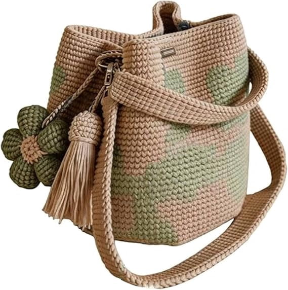 TripleHBB  Handmade Crochet Flower Tote with Flower Charm,Crochet Bucket Bag ,Knit Floral Purse Bag,Boho Beach Handbags Crossbody Shoulder Bag for Women Vacation