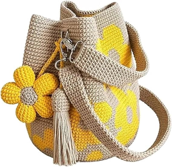 TripleHBB  Handmade Crochet Flower Tote with Flower Charm,Crochet Bucket Bag ,Knit Floral Purse Bag,Boho Beach Handbags Crossbody Shoulder Bag for Women Vacation