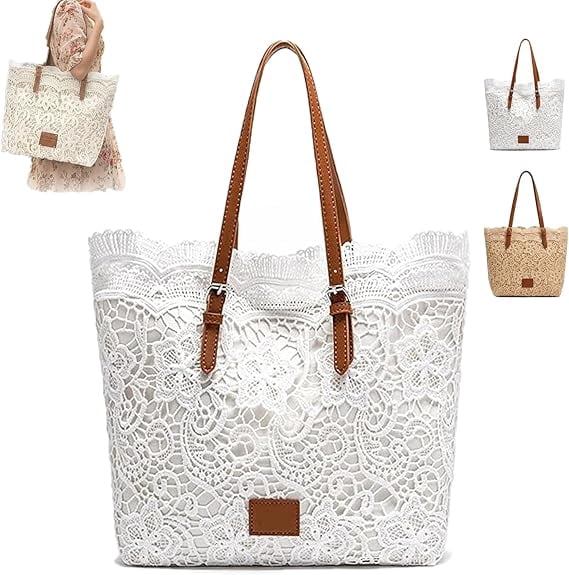 TripleHBB Vintage Lace Kiss Lock Shoulder Bag Summer Straw Handbags for Women,2026 Crochet Kiss Lock Aesthetic Cute Large Tote Purses,Stylish Functional Women's Handbag