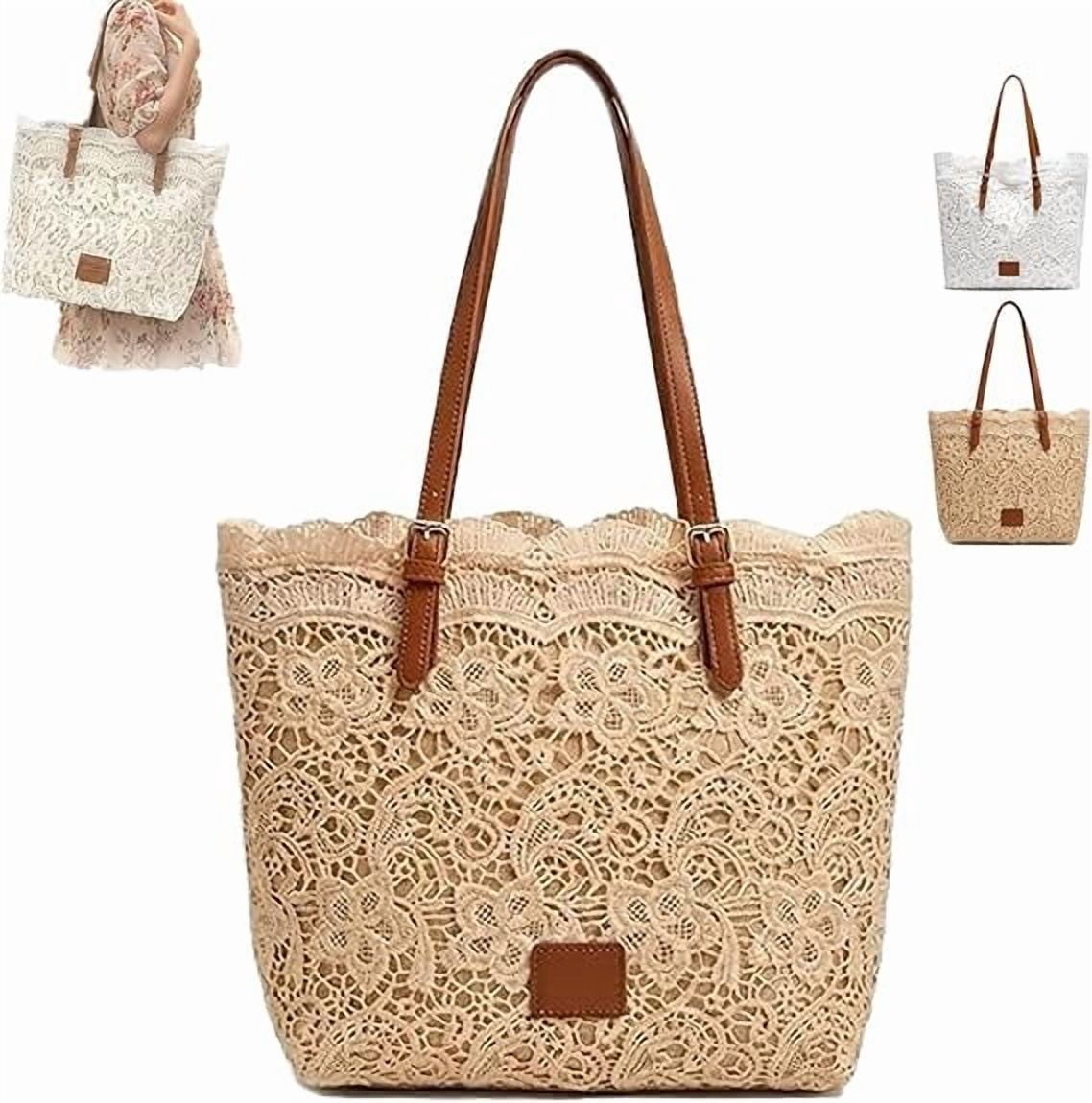 TripleHBB Vintage Lace Kiss Lock Shoulder Bag Summer Straw Handbags for Women,2026 Crochet Kiss Lock Aesthetic Cute Large Tote Purses,Stylish Functional Women's Handbag
