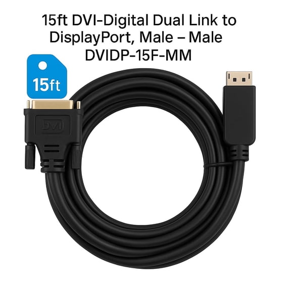 Triplenet Pricing 15ft DVI-D Dual Link Male to DisplayPort Male Cable Adapter, High-Speed 15ft DVIDP-15F-MM, Supports High Resolution Video, Heavy Duty Cable Over 1 LB DVIDP15FMM