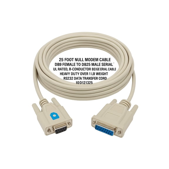Triplenet Pricing 25 Ft Null Modem Cable, UL Rated, 8 Conductor, DB9 Female to DB25 Male Serial Cable, Beige, Heavy Duty Over 1 LB, RS232 Adapter Cord for Data Transfer 10D121325
