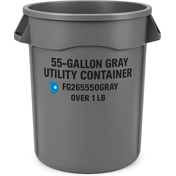 Triplenet Pricing FG265500GRAY 55 Gallon Heavy-Duty Gray Utility Container, Trash Can, Commercial Waste Bin, Over 1 LB Capacity