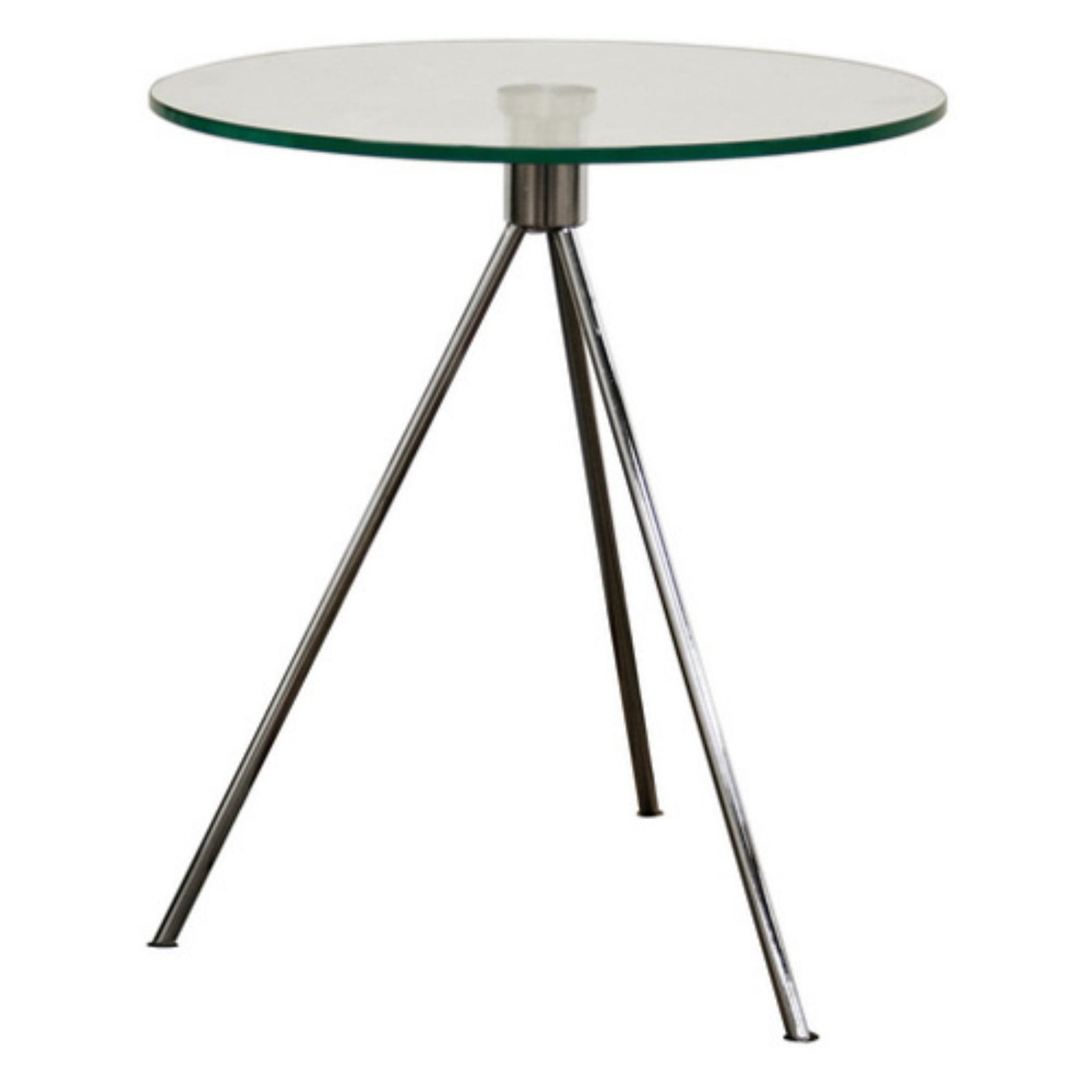 Round Brushed Nickel and Glass Tripod End Table