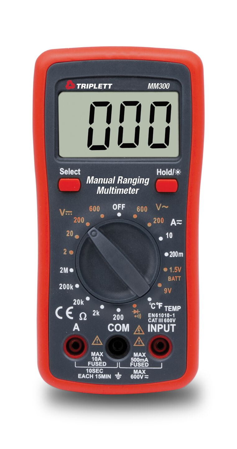Triplett MM300 True RMS 2000 Count Manual Ranging Digital Multimeter with Certificate of Calibration to NIST - AC/DC Voltage, AC/DC Current, Resistance, Temperature, Diode, Continuity