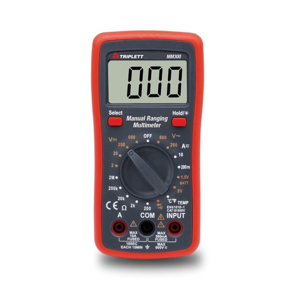 Triplett MM300 True RMS 2000 Count Manual Ranging Digital Multimeter with Certificate of Calibration to NIST - AC/DC Voltage, AC/DC Current, Resistance, Temperature, Diode, Continuity