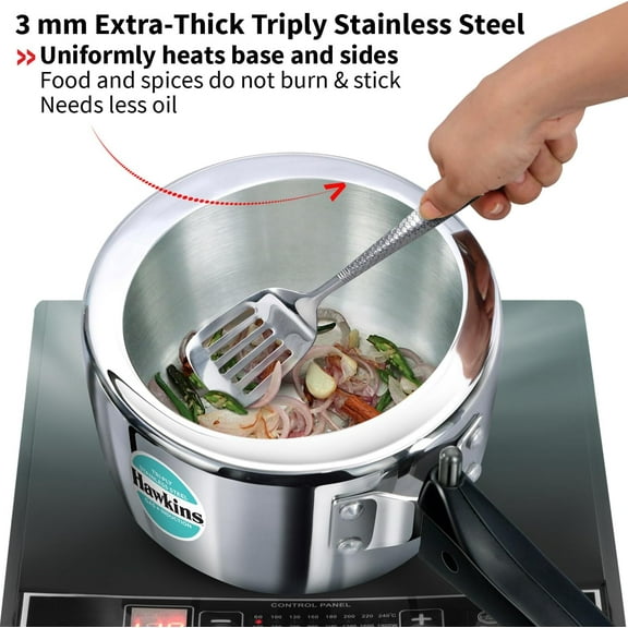 Stainless Steel Pressure Cooker, 1.5L Silver, Extra-Thick Heating, Easy Stirring