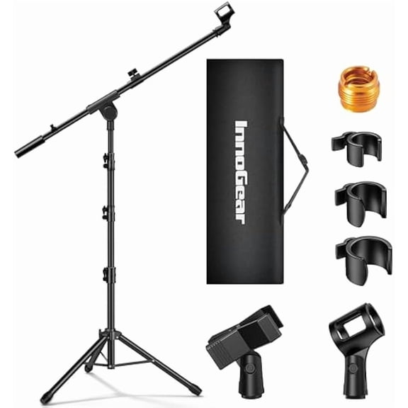 Tripod Boom Arm Floor Mic Stand Height Adjustable Heavy Duty with Carrying Bag 2 Clips Adapter for Singing Podcast