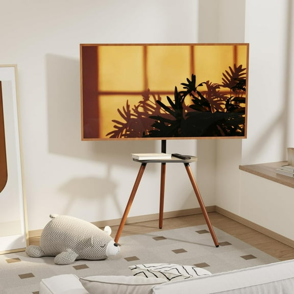 Tripod Easel TV Stand for 43 to 65 Inch LCD LED OLED Screen, Height Adjustable and Swievel TV Stand, Portable Corner TV Floor Stand with Wooden Tray, VESA 400x400mm, Minimalist Black Walnut