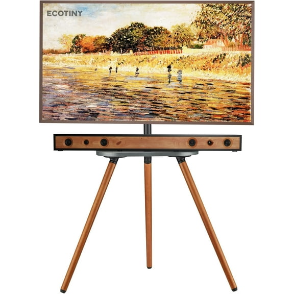 Tripod Easel TV Stand for 43 to 65 Inch LCD LED OLED Screen, Height Adjustable and Swievel TV Stand, Portable Corner TV Floor Stand with Wooden Tray, VESA 400x400mm, Minimalist Black Walnut