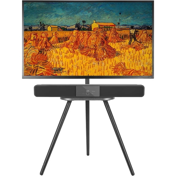 Tripod Easel TV Stand for 43 to 65 Inch LCD Led Screen, Height Adjustable and Swievel TV Stand, Portable TV Floor Stand with Wooden Tray for Bedroom, Living Room, Studio, Metal Black