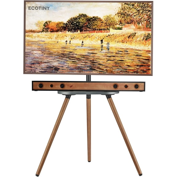 Tripod Easel TV Stand for 43"–65" TVs, Height Adjustable Swivel TV Floor Stand with Wooden Tray, Portable Corner TV Stand, Max VESA 400x400mm, Minimalist Black Walnut