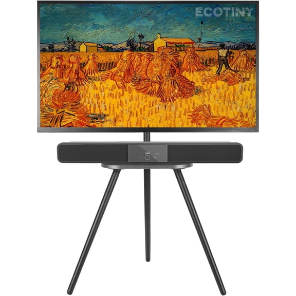 Tripod Easel TV Stand for 43"–65" TVs, Height Adjustable Swivel TV Floor Stand with Wooden Tray, Portable TV Stand for Bedroom, Living Room & Studio, Metal Black