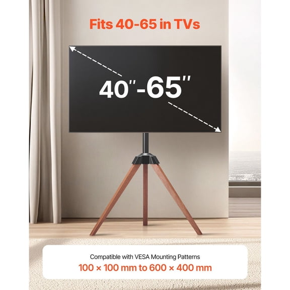 Tripod Easel TV Stand,for 40-65"Flat Screen/Curved TVs Up to 99 lbs,18 Left-Right Rotation Portable TV Stand with Oak Wood Legs,for Bedroom,Living Room,Studio,MAX VESA 600x400 mm