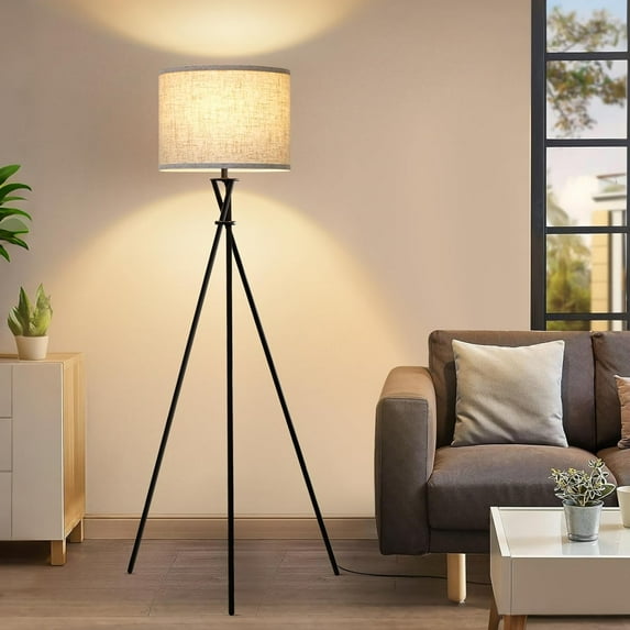 Tripod Floor Lamp Black, 61” Tall Floor Lamps, Standing Lamp with Rotary Switch, Modern Floor Lamp Simple Design with Beige Shade, Floor Lamps for Living Room, Bedroom, Office, Without Bulb