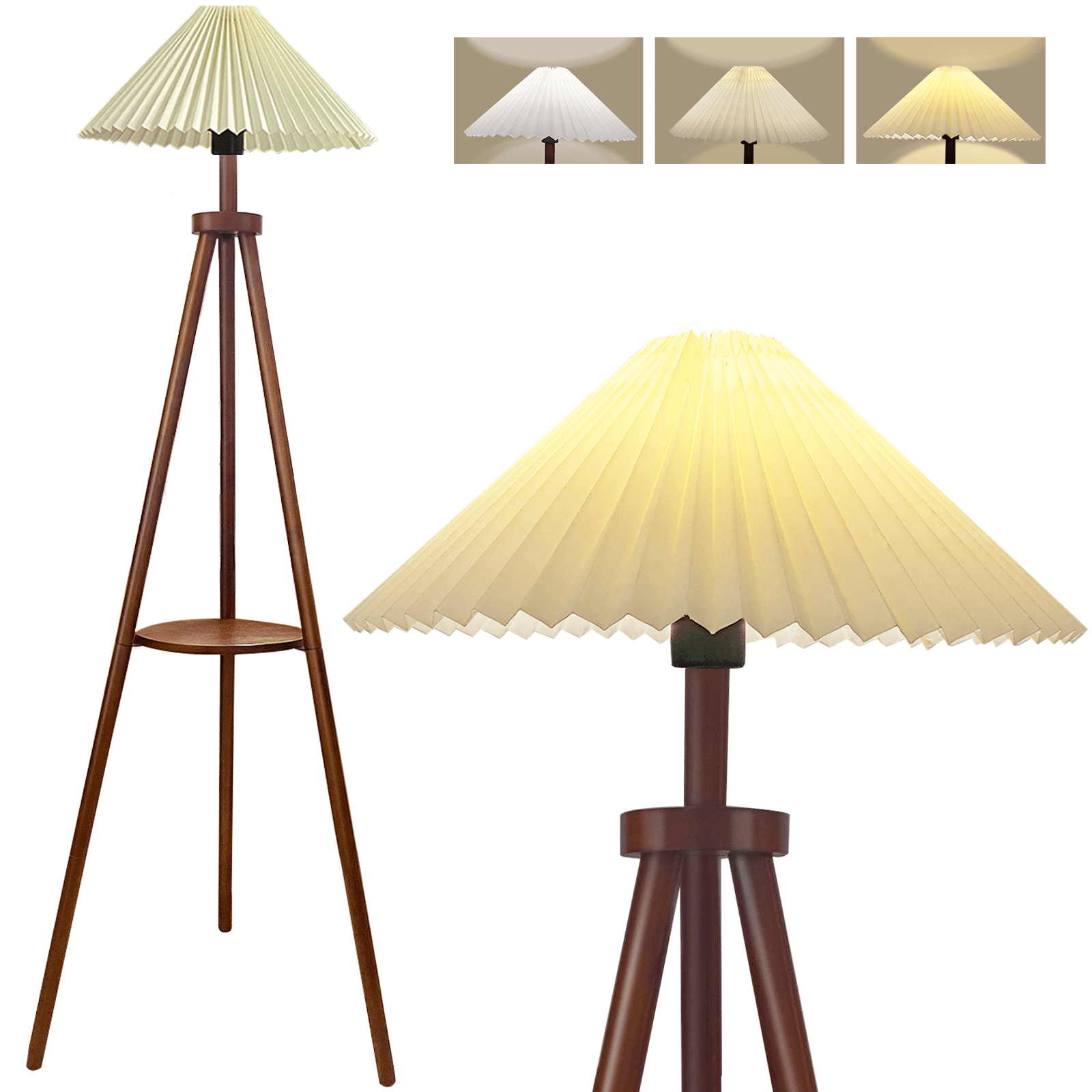Tripod Floor Lamp, Mid Century Wood Standing Lamp, Modern Design Shelf Floor Lamp for Living Room, Bedroom, Office, Flaxen Lamp Shade with E26 Lamp Base