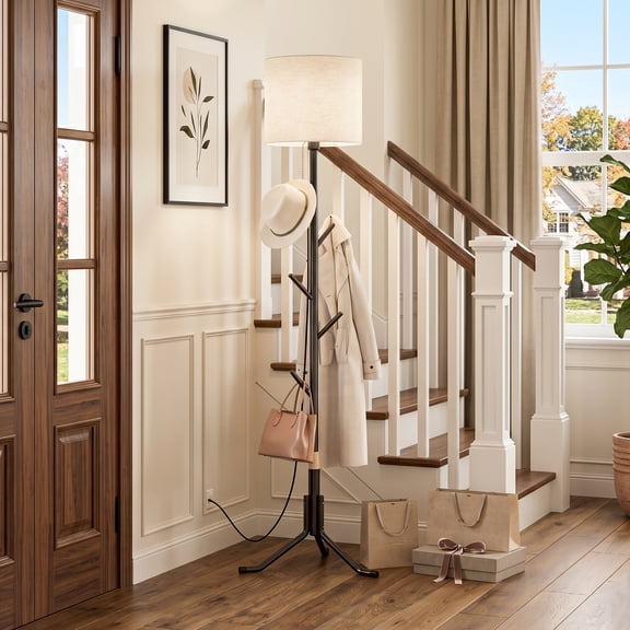 Tripod LED Floor Lamp with 5-Hook Metal Coat Rack