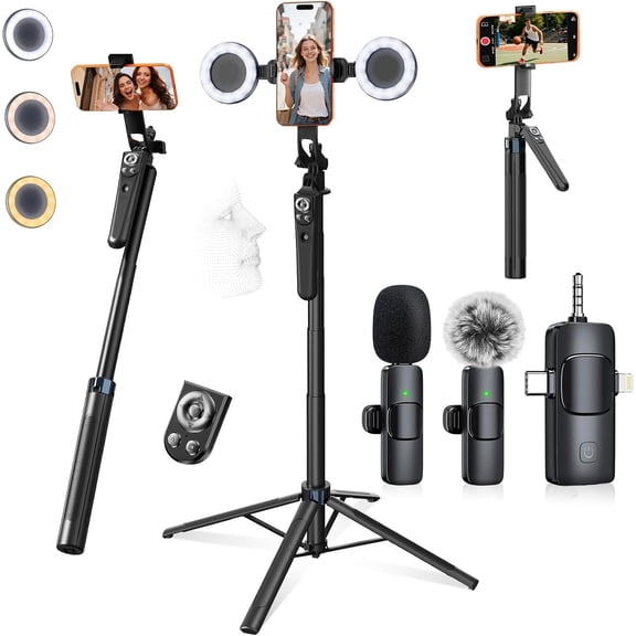 Tripod for  with Light and Remote,  Microphones, 71" Auto   Phone Stand for Video Recording, Content Creator Essentials Vlogging Kit for YouTube, , Live Streaming