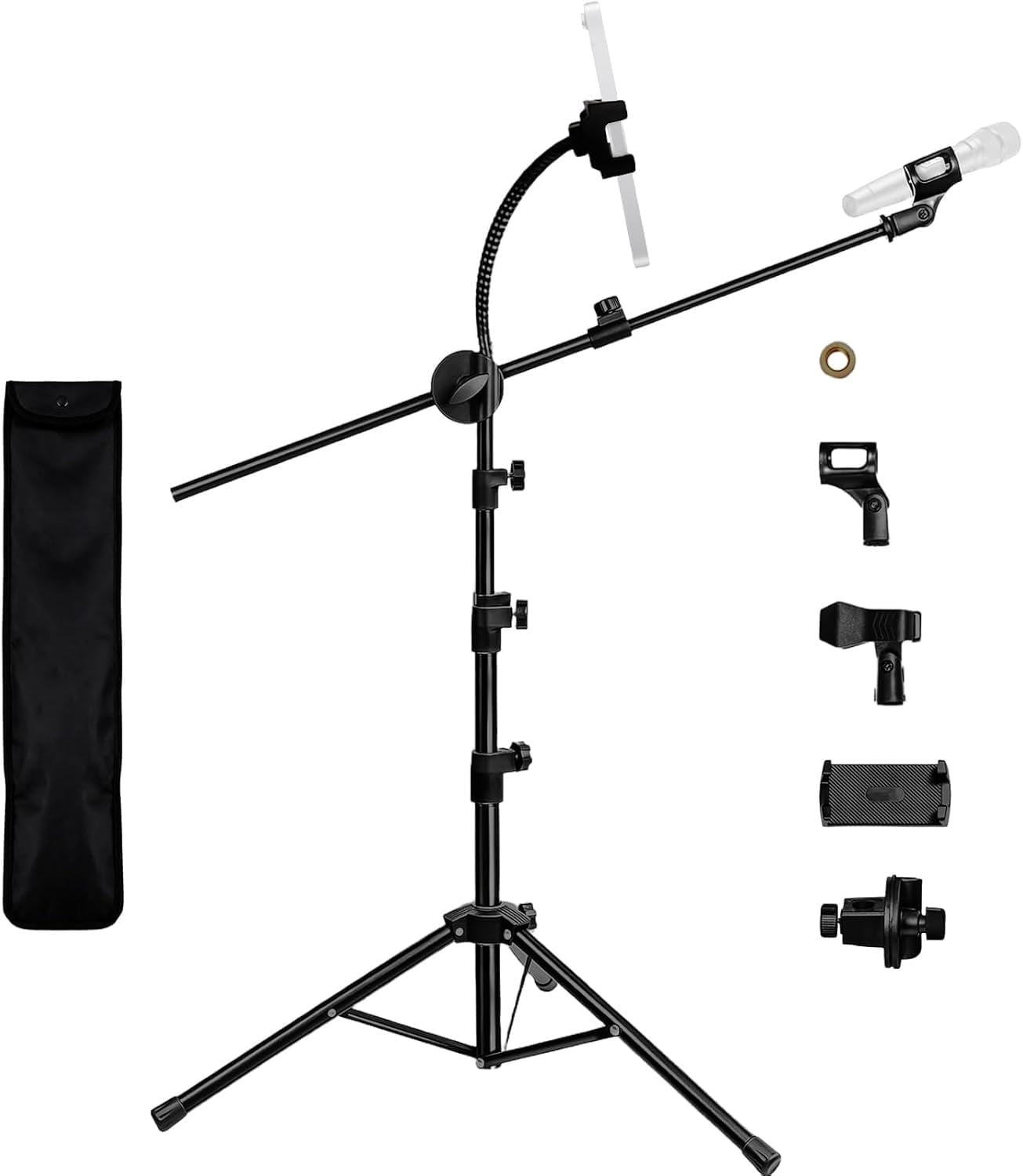 DQQKMM Tripod Mic Stand, 2-in-1 Adjustable Floor Stand with Boom Arm, Phone & Mic Holder with Storage Bag for Singing Studio Stage