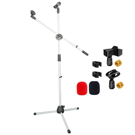 Tripod Mic Stand Floor Adjustable 31 to 76 Inches Boom Arm Holder Microphone Stands 360 Degree Rotating + Dual Mic,WHITE