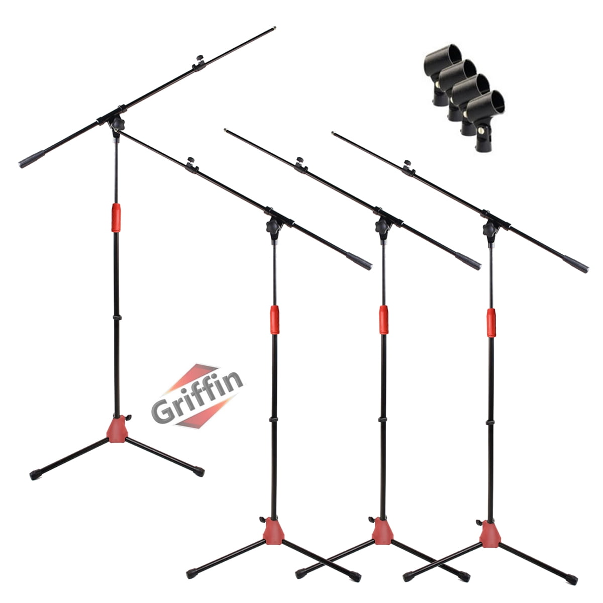 Tripod Microphone Boom Stand with Mic Clip Adapter (Pack of 4) by Griffin Adjustable Holder Mount For Studio Recording Accessories, Singing Vocal Karaoke, Live Stage Folding Legs & Telescoping Arm