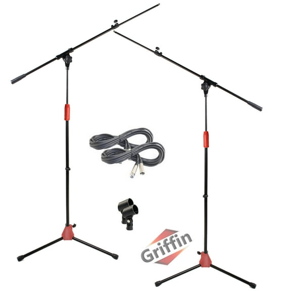 Tripod Microphone Boom Stand with XLR Mic Cable & Clip (Pack of 2) by Griffin Telescoping Arm for Studio Recording Accessories, Singing Vocal Karaoke, Live Stage 20ft Pro Audio Mic Cord Wire 3-Pin