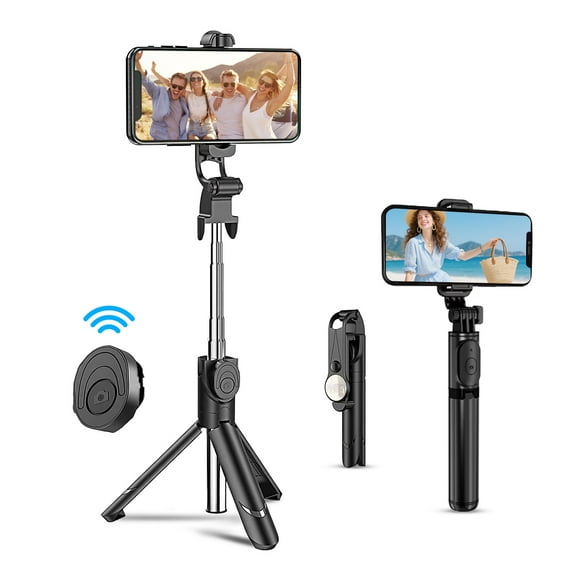 Selfie Stick for Phone, Extendable Travel Tripod with Wireless Remote for Selfies, Video Recording, Compatible with All Cell Phones, Black