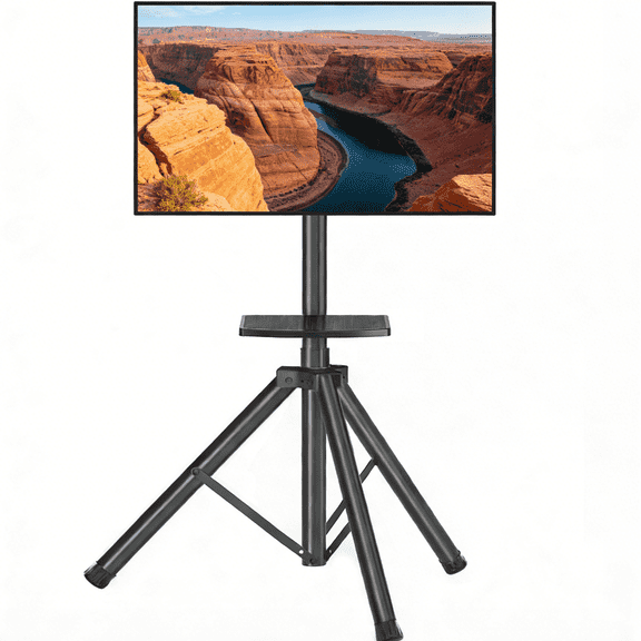 Tripod TV Stand for 23-75 Inch TVs with ±15° Tilt, 4-Level Height Adjustable, 360° Rotating Shelf & Non-Slip Base, Black