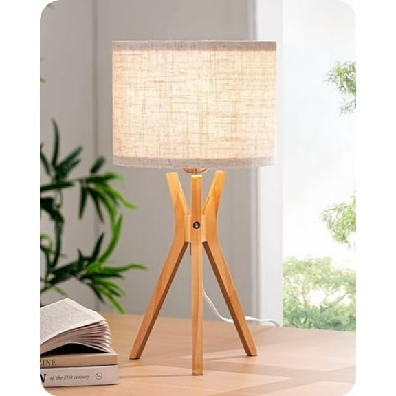 Tripod Table Lamp, 17.5" Modern Bedside Lamp with Natural Wood-Colored Lamp Legs & Beige Linen Lampshade, Boho Nightstand Lamp for Bedroom, Living Room, Reading Room, E26 Base
