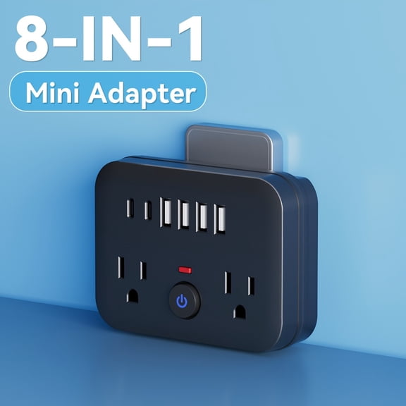 Tripod US Plug Power Strip, Mini Travel Converter with 2 AC Outlets & 6 USB Ports (4A+2C), One-Button Switch, Overload Protection, Black/White for Home Office Travel School