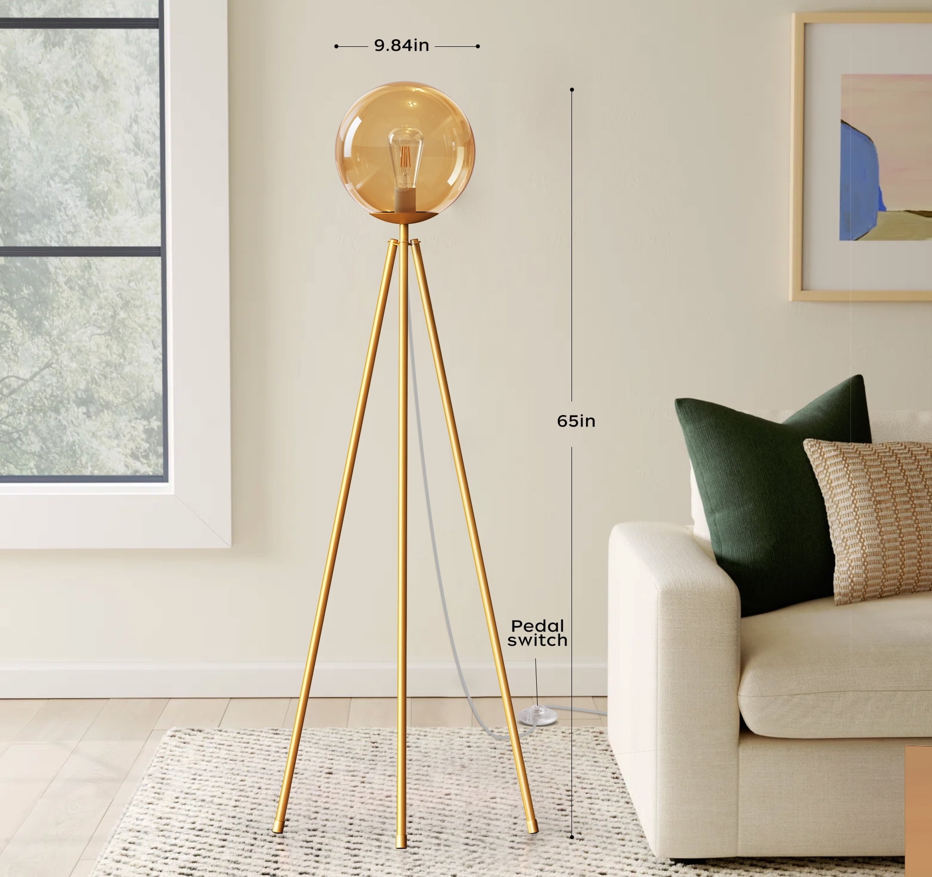 Tripod Floor Lamp for Living Room with Footswitch, Standing Lamp Tall Industrial Floor Lamp Reading for Bedroom, Office (6W LED Bulb and Tea-color Lampshade Included) -Gold