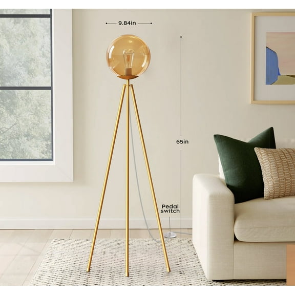 Tripod Floor Lamp for Living Room with Footswitch, Standing Lamp Tall Industrial Floor Lamp Reading for Bedroom, Office (6W LED Bulb and Tea-color Lampshade Included) -Gold