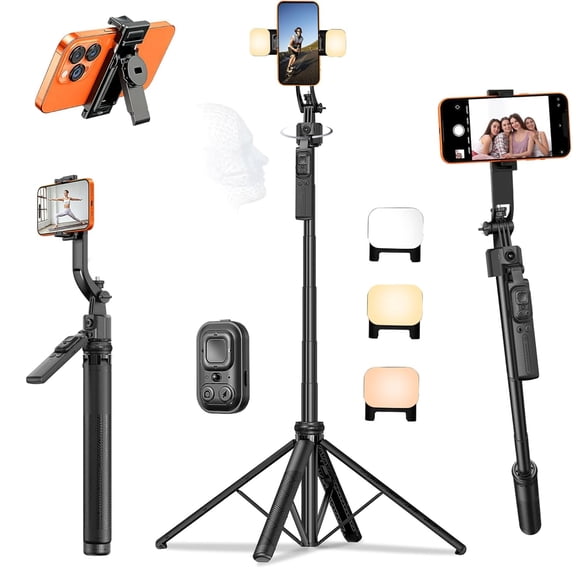 Tripod for iPhone with Light Vlogging Camera, Auto Face Tracking Tripod 360 Rotation with Remote, No App, Portable Travel Phone Holder for Video Recording Live Streaming, Content Creator Essentials