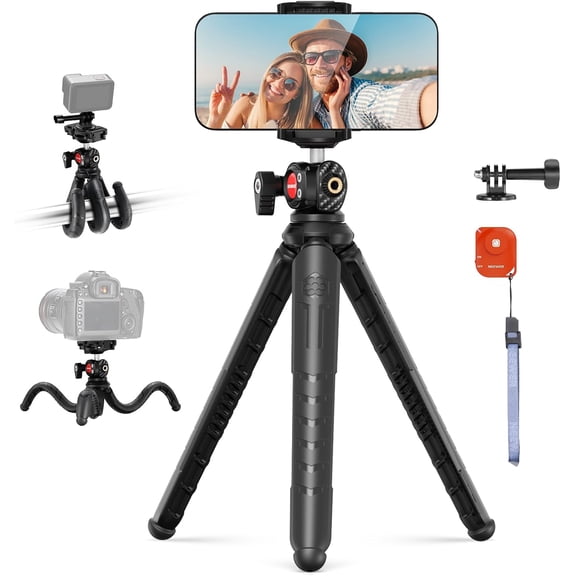 Tripod for iPhone with Remote, Mini Flexible Phone Tripod Stand Vlog Selfie Stick with Phone Holder & Action Camera Adapter Compatible with iPhone GoPro Samsung Digital Camera, TP35