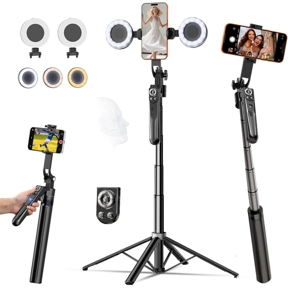 Tripod for iPhone with Ring Light Selfie Stick Phone Stand | 360 Rotation Auto Face Tracking Tripod with Remote, No App, Content Creator Essentials for TikTok YouTube Live Streaming